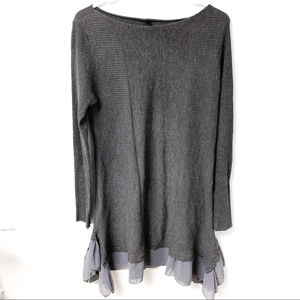 Renee C Long Sleeve Ribbed Swing‎ Dress with Sheer Ruffle Trim Size Medium